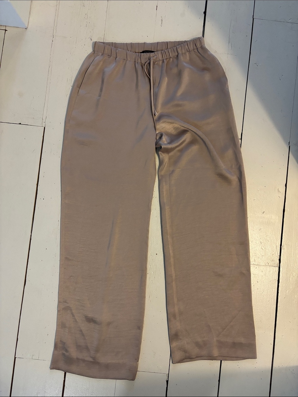 Womens Elastic Waist Satin Pants in Taupe
